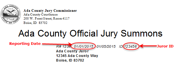Summons Example showing the location of the reporting date and juror id on the summons.